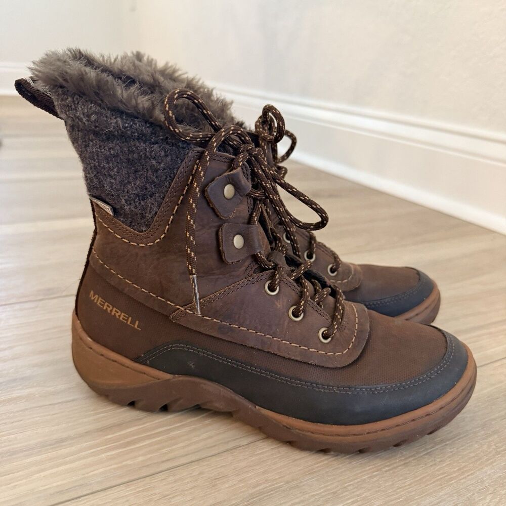 Merrel Potting Soil Brown Leather Boots Warm Dry Womens Sz 6.5 Performance